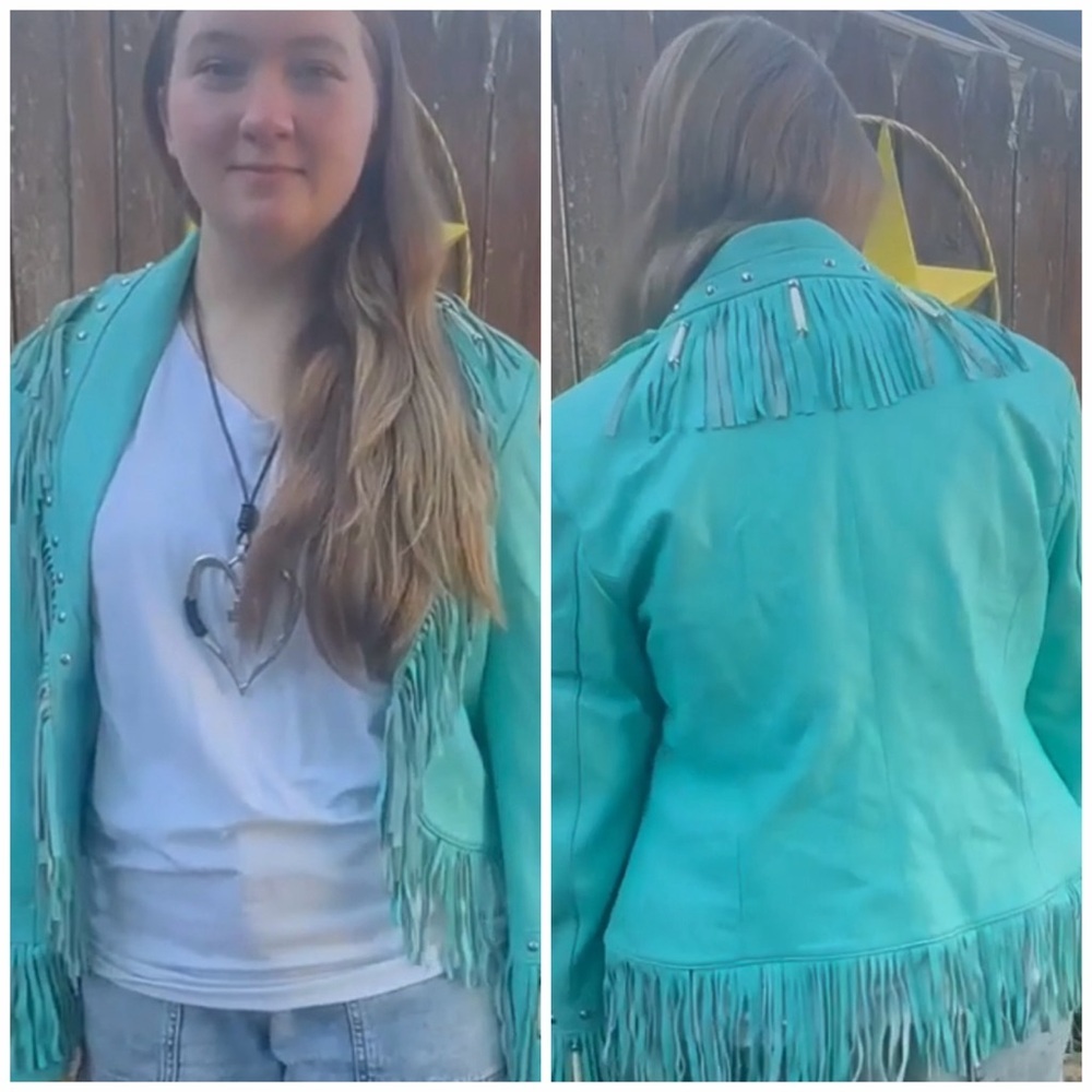 Vintage Blue Leather Fringe Bohemian Style Jacket Size Medium